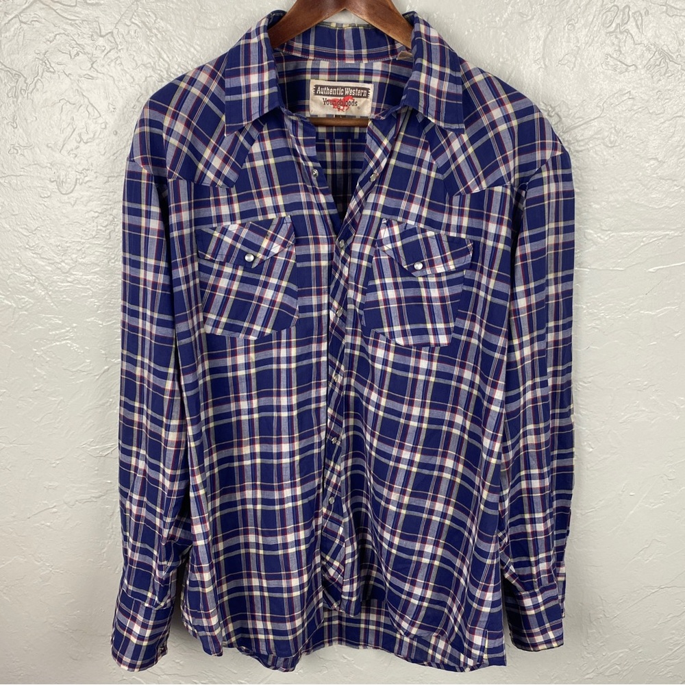 Men’s Vintage Authentic Western YOUNGBLOODS Shirt blue Plaid Cowboy Pearl Snap L